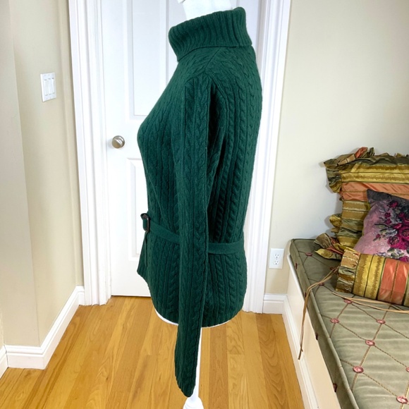 Lauren Ralph Lauren Sweater Turtleneck Green Cable Knit Belt Wool Angora (P/P) - Picture 2 of 7